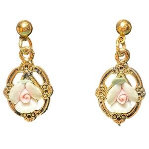 Vintage Gold Tone Pink Porcelain Rose Oval Filigree Drop Dangle Earrings